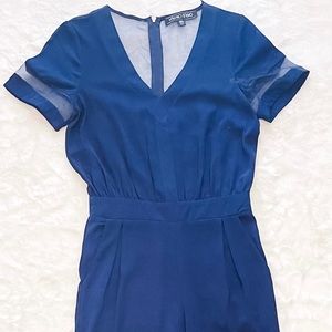NAVY JUMPSUIT V NECK SHEER SLEEVES AND BACK
